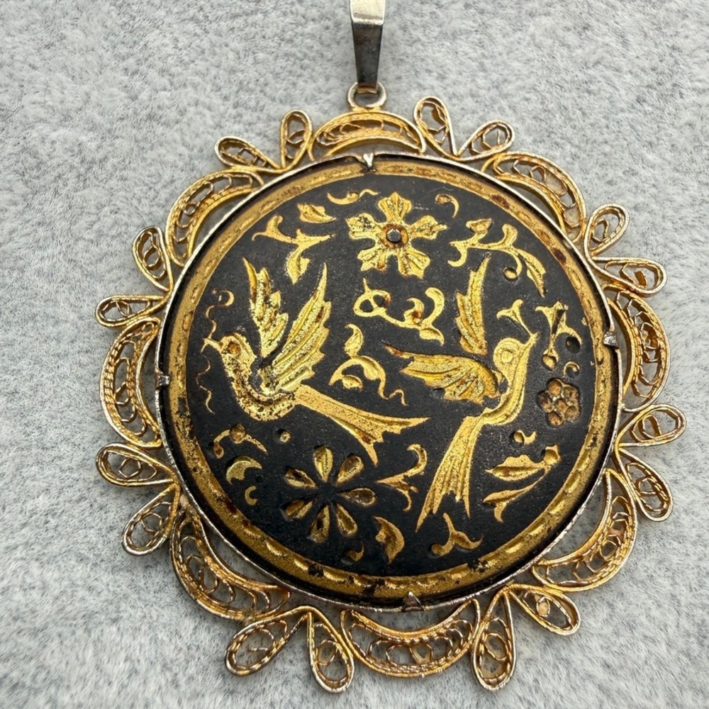 Vintage Damascene Pendant Black Gold Tone Metal Bird Filigree MCM READ